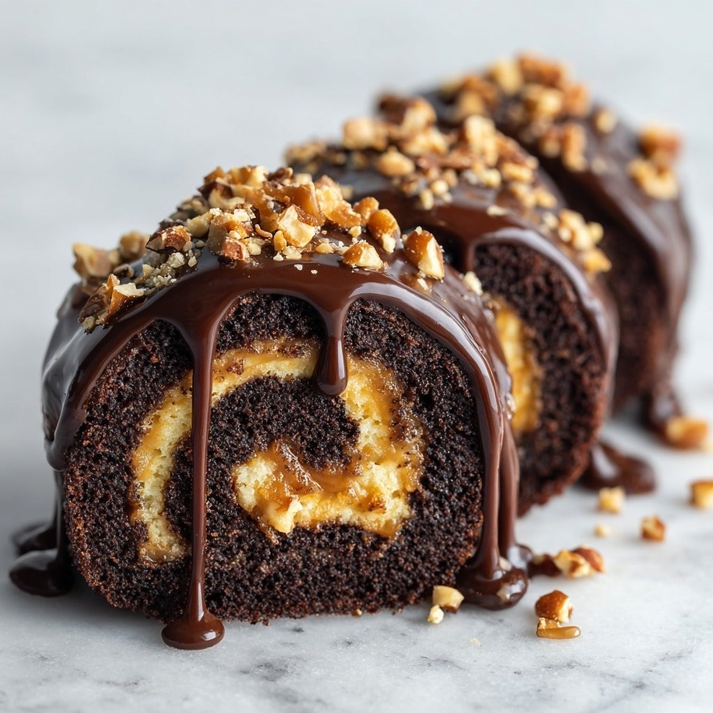 Chocolate Caramel Turtle Cake Roll Recipe - Article Image 2 — Chocolate Caramel Turtle Cake Roll, chocolate caramel cake roll, turtle cake roll recipe, caramel pecan cake roll, chocolate ganache cake roll