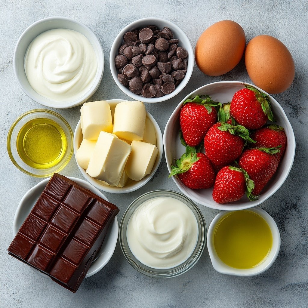 Chocolate Strawberry Brownie Squares Recipe - Ingredients Image — Chocolate Strawberry Brownie Squares, chocolate strawberry dessert, easy brownie recipes, fruity chocolate treats, decadent brownie bars