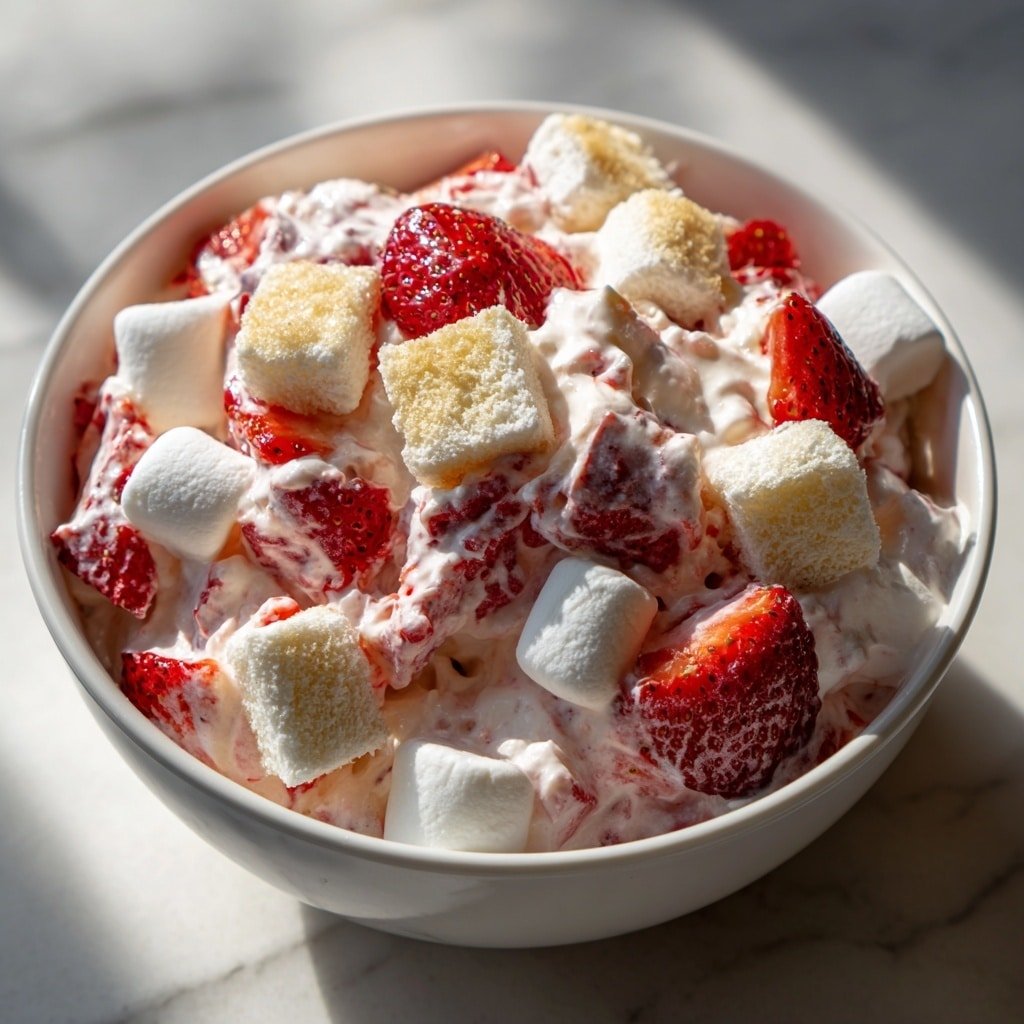 Strawberry Shortcake Fluff Salad Recipe - Article Image 1 — Strawberry Shortcake Fluff Salad, easy strawberry fluff dessert, no-bake strawberry salad, quick fruit salad recipes, summer strawberry dessert