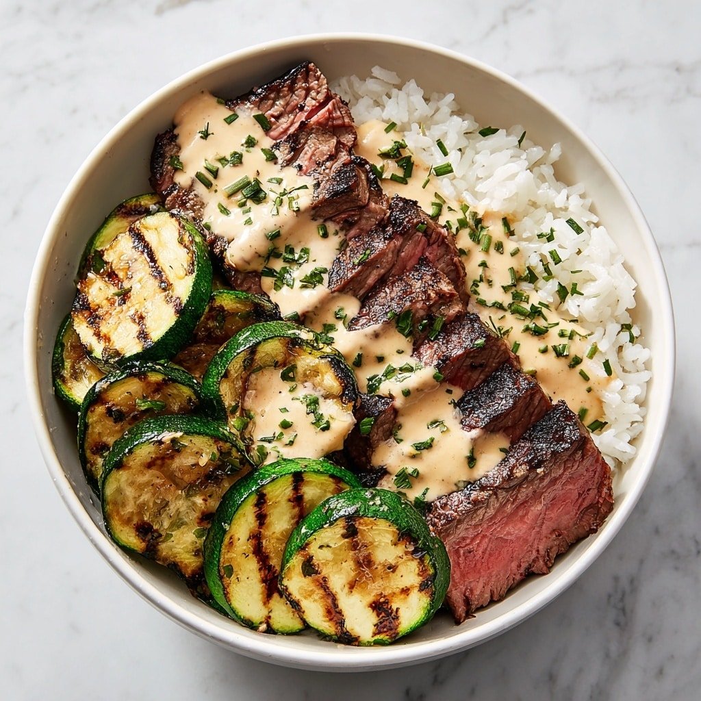 Grilled Steak Bowl with Herb Sauce Recipe - Article Image 1 — Grilled Steak Bowl with Herb Sauce, healthy steak bowl recipe, easy steak dinner ideas, quick summer steak bowl, flavorful grilled steak recipe