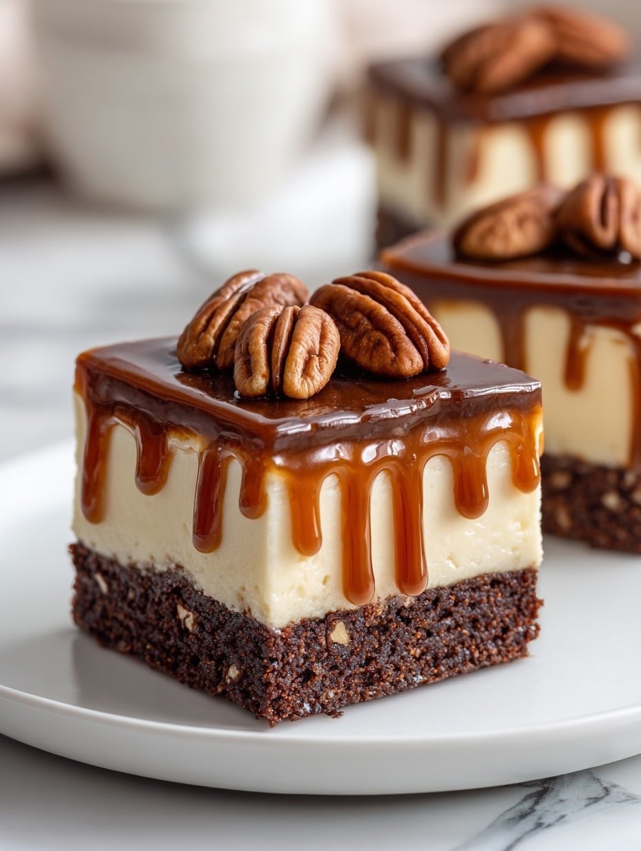 Caramel Turtle Cheesecake Brownies Recipe - Article Image 2 — Caramel Turtle Cheesecake Brownies, Turtle Cheesecake Brownies, fudge brownie desserts, caramel brownie recipes, layered cheesecake brownies