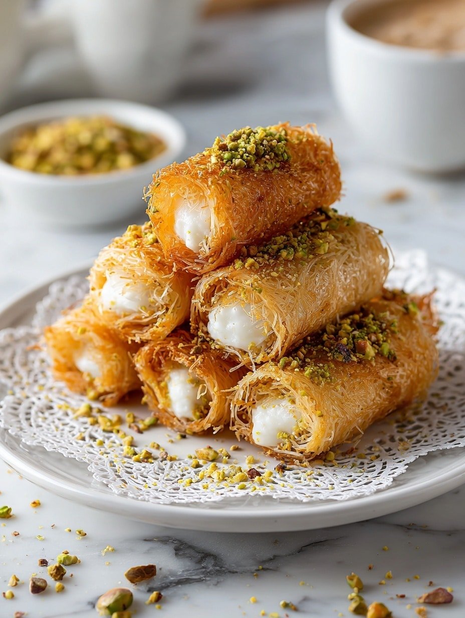 Crunchy Kunafa Rolls with Ashta Filling Recipe - Article Image 2 — Crunchy Kunafa Rolls with Ashta Filling, Middle Eastern Kunafa dessert recipe, crispy kunafa rolls, ashta cream filled pastries, how to make kunafa rolls
