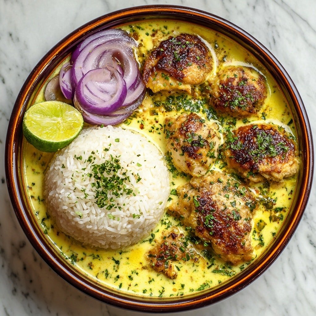 A dark bowl holds a vibrant dish with five pieces of grilled golden-brown chicken, each with char marks and sprinkled green herbs on top. The chicken sits in a rich, creamy orange sauce that pools around the edges and contains tiny bits of red onion and herbs. At the top of the bowl, there is a small mound of white rice garnished lightly with green herb pieces, and a bright green lime half rests on the rice. The bowl is placed on a white marbled surface with scattered fresh green herb leaves around it. photo taken with an iphone --ar 1:1 --v 7 — Churu Chicken Amarillo, Peruvian chicken dishes, Aji Amarillo chicken recipe, spicy creamy chicken, quick Peruvian chicken recipe