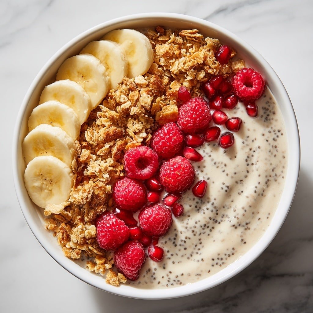 A white bowl filled with creamy chia pudding, the base layer is smooth and light beige with visible chia seeds. On top, there is a row of sliced banana on one side, their pale yellow color contrasting with the pudding. Next to the bananas is a line of crumbly granola, golden brown and textured. Bright red raspberries and scattered pomegranate seeds add vibrant pops of color across the top. The bowl sits on a white marbled surface, and the lighting highlights the freshness and texture of each ingredient. Photo taken with an iphone --ar 1:1 --v 7 — Healthy Chia Pudding with Banana and Granola, chia pudding healthy breakfast, easy chia seed pudding, nutritious fruit and granola bowl, wholesome overnight chia pudding