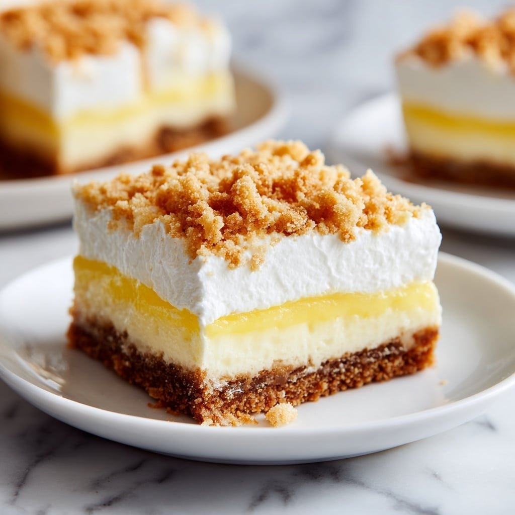The image shows two square layered dessert bars stacked on a white plate placed on a white marbled surface. Each bar has four visible layers: the bottom layer is a thick brown crumbly crust, followed by a thick white creamy layer, then a thin bright yellow layer, and topped with a layer of white cream with golden brown crumb topping scattered on it. The background shows more of these layered bars out of focus, emphasizing the texture and colors of the bars in the foreground. photo taken with an iphone --ar 1:1 --v 7 — Sugar Cookie Cheesecake Bars, Sugar Cookie Cheesecake Bars recipe, easy cheesecake bars, no-bake cheesecake bars, holiday cookie cheesecake