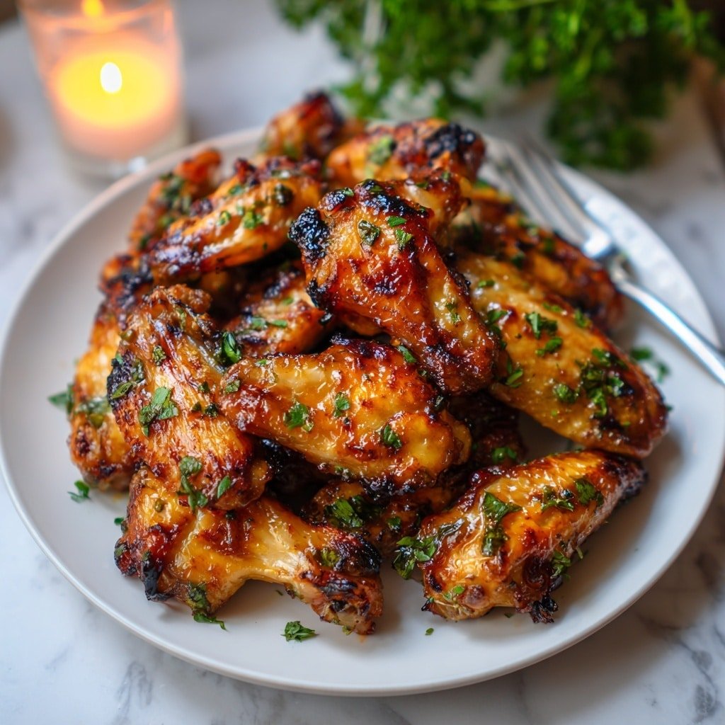 A white round plate filled with a single layer of golden brown chicken wings with crispy skin and dark grill marks, sprinkled with fresh chopped green herbs. In the center is a white ramekin filled with a thick, amber-colored dipping sauce with visible sesame seeds, and an amber sauce being poured into it from above. Small sprigs of fresh green rosemary are placed around the wings as garnish, all set on a white marbled surface. Photo taken with an iphone --ar 1:1 --v 7 — Brown Sugar Cajun Wings, Cajun Wings recipe, baked wings with Cajun spices, sweet and spicy wings, easy wing recipes