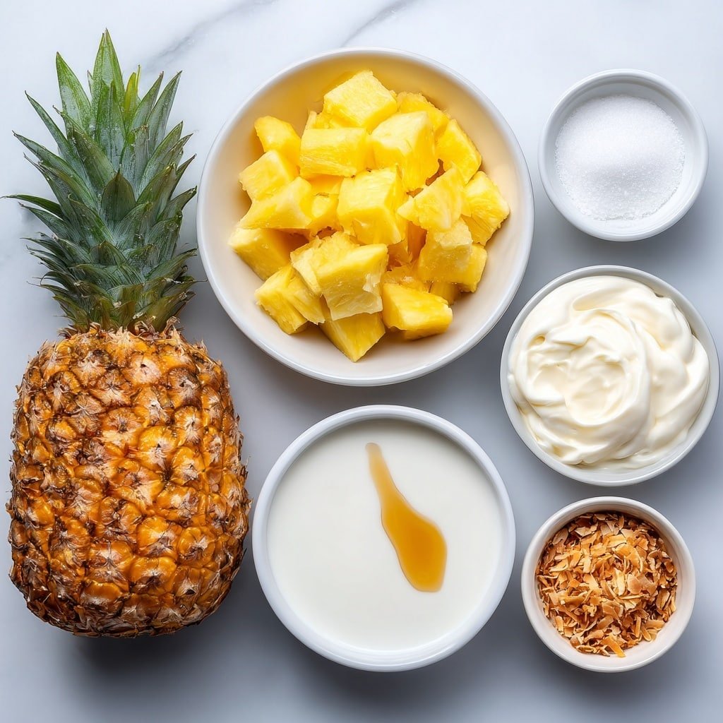 Flat lay of a halved fresh pineapple with bright yellow diced pineapple chunks in a simple white ceramic bowl, a small white bowl filled with smooth coconut milk, another small white bowl containing thick heavy cream, a small white bowl holding fine white granulated sugar, a few translucent gelatin sheets arranged neatly on a white ceramic plate, a white ceramic bowl with clear cold water, and a small white bowl with light golden vanilla extract, accompanied by a small white bowl of golden toasted coconut flakes, all arranged in perfect symmetry on a clean white marble surface, soft natural light, photo taken with an iPhone, professional food photography style, fresh ingredients, white ceramic bowls, no bottles, no duplicates, no utensils, no packaging --ar 1:1 --v 7 --p m7354639359234015250 — Coconut Cream Panna Cotta with Pineapple, easy tropical dessert, vegan panna cotta recipe, coconut dessert recipes, pineapple panna cotta