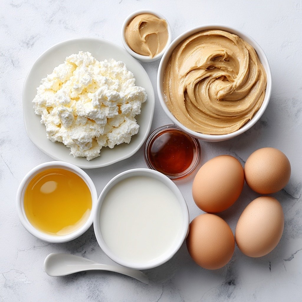 Flat lay of a small mound of fresh full-fat cottage cheese on a simple white ceramic plate, a dollop of creamy natural peanut butter on a white ceramic spoon rest, a small white bowl filled with golden honey, another small white bowl containing a few drops of vanilla extract, a few whole brown eggs with clean shells arranged neatly, and a tiny white ceramic bowl holding milk, all evenly spaced in perfect symmetry, placed on a clean white marble surface, soft natural light, photo taken with an iPhone, professional food photography style, fresh ingredients, white ceramic bowls, no bottles, no duplicates, no utensils, no packaging --ar 1:1 --v 7 --p m7354639359234015250 — Peanut Butter Cottage Cheese Mousse, healthy mousse recipes, protein-packed snack ideas, easy healthy desserts, quick breakfast options