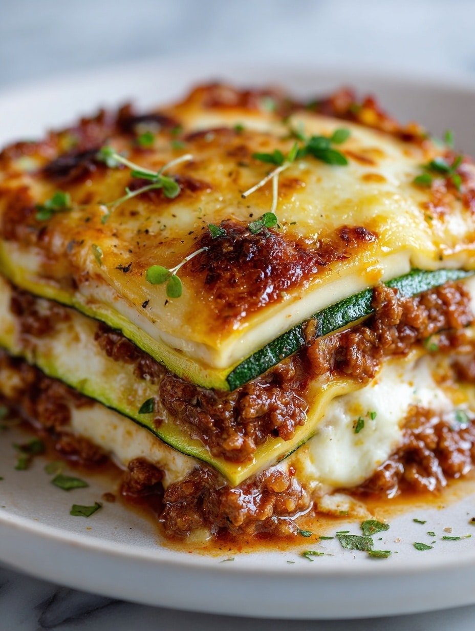 A thick slice of lasagna sits on a white plate over a white marbled surface, showing clear layers from bottom to top: rich red meat sauce, a thin green layer of grilled zucchini, a thick white ricotta cheese layer, another layer of red meat sauce mixed with zucchini, and a top layer of melted golden-brown cheese sprinkled with chopped green herbs. Fresh bright green basil leaves garnish the very top, and small bits of herbs are scattered around the plate. The background is softly blurred with hints of a salad bowl and a glass. Photo taken with an iphone --ar 1:1 --v 7 — Low-Carb Zucchini Lasagna, zucchini lasagna, healthy lasagna recipe, low carb dinner, keto zucchini lasagna
