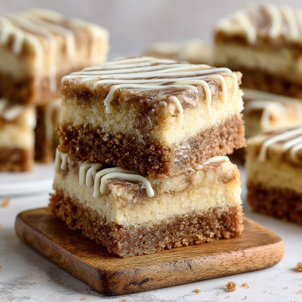 This image shows two stacked square dessert bars on a wooden board placed on a white marbled surface. Each bar has three layers: a bottom brown crumbly layer, a thick light beige cake-like middle layer, and a top marbled light brown and darker brown layer. The bars are drizzled with white icing in thin, even stripes across the top. In the background, more bars of the same kind are slightly blurred, adding depth to the image. The focus is sharp on the front bars, showing the texture of each layer clearly. Photo taken with an iphone --ar 1:1 --v 7 — Cinnamon Roll Bliss Bars, cinnamon roll bars, easy cinnamon bar recipe, cinnamon dessert bars, cinnamon sweet treats