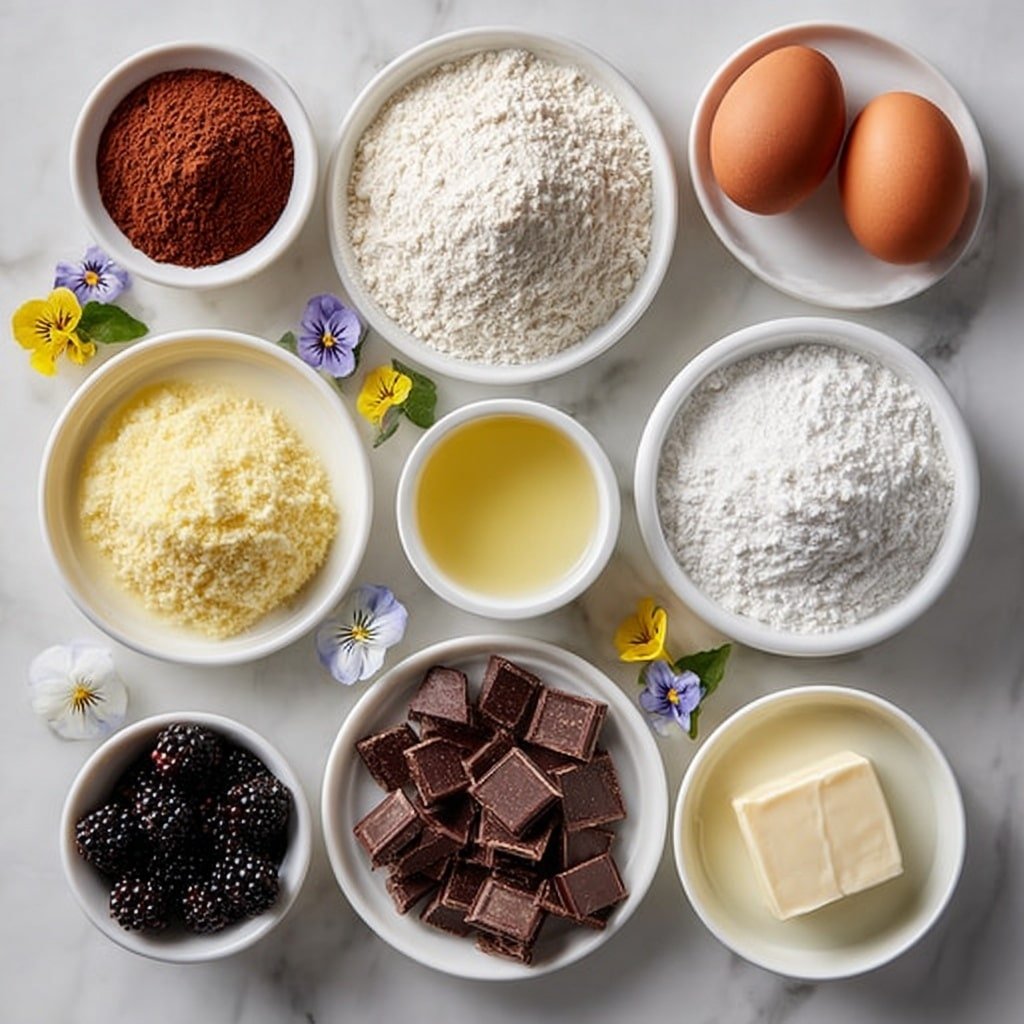 Flat lay of a small mound of all-purpose flour, a small white bowl of Dutch-process cocoa powder, a small white bowl of baking powder, a small white bowl of baking soda, a small white bowl of salt, a small white bowl of granulated sugar, a small white bowl of vegetable oil, two large whole uncracked brown eggs, a small white bowl of whole milk, a small white bowl of hot brewed coffee, a small white bowl of vanilla extract, a small cluster of fresh blackberries, a small white bowl of fresh lemon juice, a small white bowl of cornstarch mixed with water, a pile of finely chopped dark chocolate, a small white bowl of heavy cream, a small piece of unsalted butter, a few edible violet and pansy flowers, all ingredients arranged symmetrically in simple white ceramic bowls and plates, placed on a clean white marble surface, soft natural light, photo taken with an iPhone, professional food photography style, fresh ingredients, white ceramic bowls, no bottles, no duplicates, no utensils, no packaging --ar 1:1 --v 7 --p m7354639359234015250 — Dark Chocolate Blackberry Cake, Chocolate Blackberry Cake, Blackberry Layer Cake, Easy Blackberry Chocolate Dessert, Elegant Berry Chocolate Cake