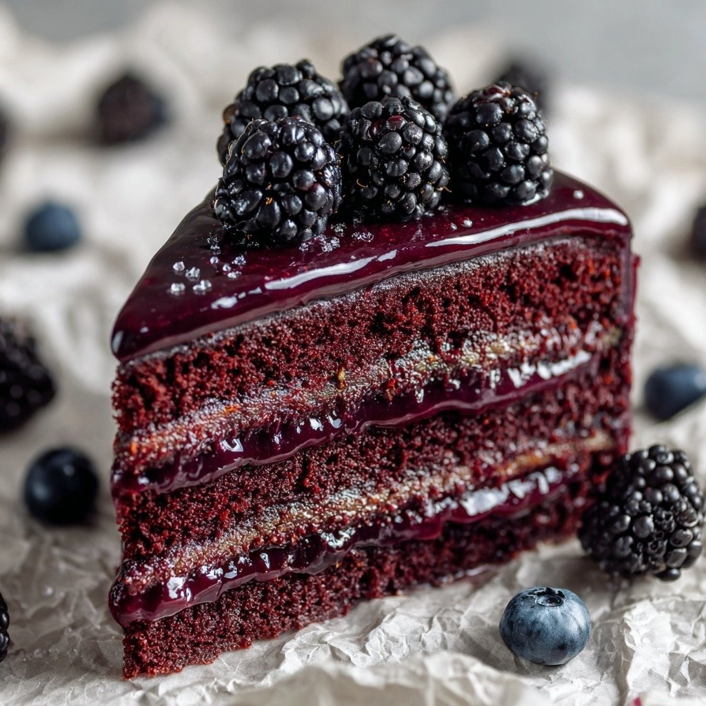 A rich, dark purple layered cake with four visible layers, each separated by thick, glossy berry filling. The top has a shiny, smooth layer of dark purple glaze, decorated with fresh blackberries. The cake is surrounded by scattered blackberries and one blueberry on a crumpled parchment paper. The background is a white marbled texture. Photo taken with an iphone --ar 1:1 --v 7 — Dark Chocolate Blackberry Cake, Chocolate Blackberry Cake, Blackberry Layer Cake, Easy Blackberry Chocolate Dessert, Elegant Berry Chocolate Cake
