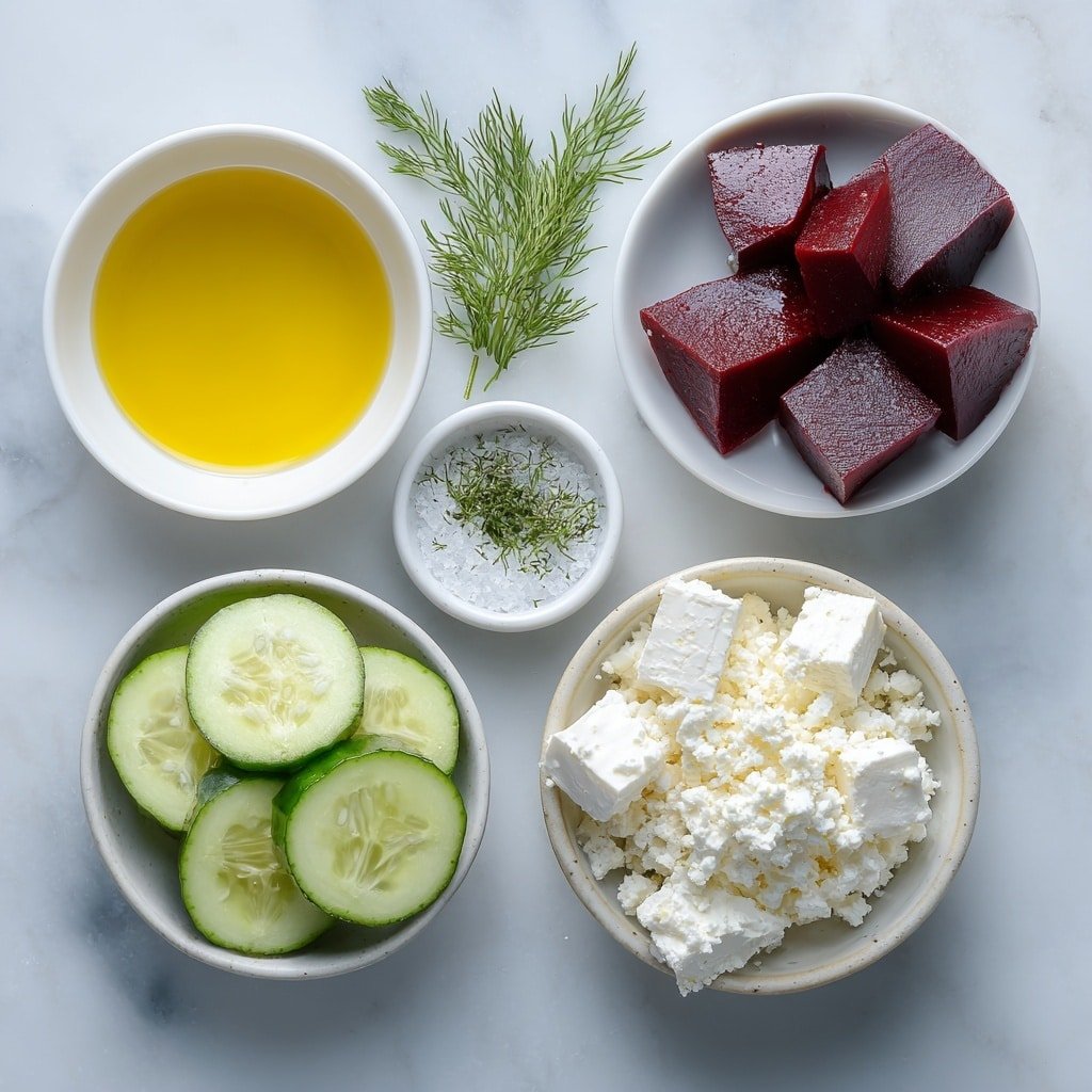 Flat lay of a small white ceramic bowl of bright yellow lemon juice, a tiny white ceramic bowl with coarse kosher salt crystals, a small white ceramic bowl filled with golden extra-virgin olive oil, a simple white ceramic bowl containing deep red roasted beet cubes, a neatly arranged pile of fresh pale green cucumber slices, a small mound of crumbly white feta cheese, and a small bunch of vibrant green chopped fresh dill, all arranged in perfect symmetry on a clean white marble surface, soft natural light, photo taken with an iPhone, professional food photography style, fresh ingredients, white ceramic bowls, no bottles, no duplicates, no utensils, no packaging --ar 1:1 --v 7 --p m7354639359234015250 — Beet Salad with Feta and Dill, roasted beet salad, feta and dill salad, healthy beet salad, easy vegetarian beet salad
