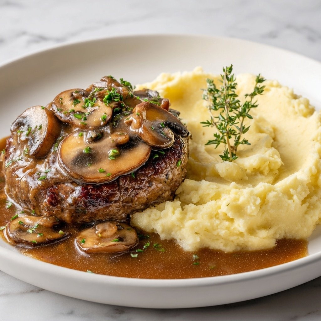 Beef Salisbury Steak with Mushroom Gravy Recipe - Article Image 2 — Beef Salisbury Steak with Mushroom Gravy, hearty beef patties with mushroom gravy, comfort food recipes, easy Salisbury steak recipe, family dinner ideas