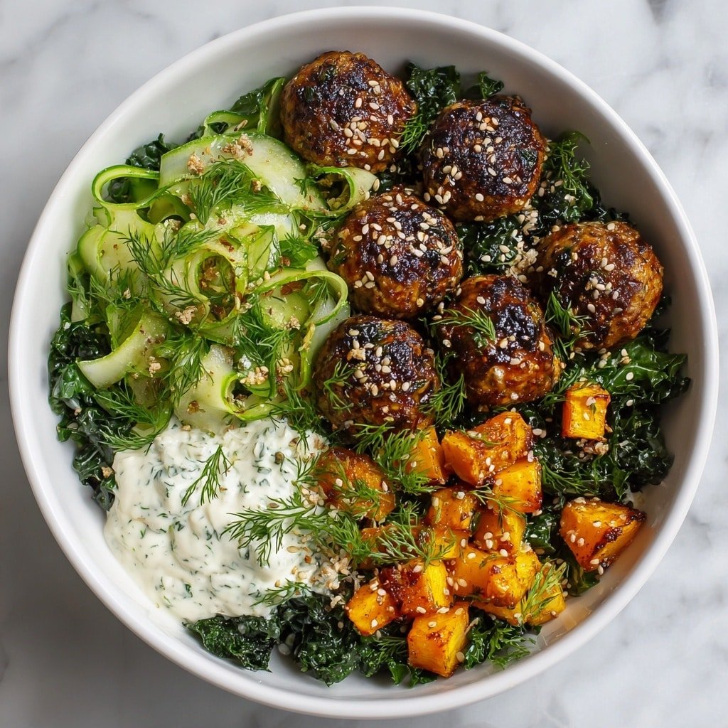 Herby Chicken Meatball Bowl Recipe - Article Image 2 — Herby Chicken Meatball Bowl, healthy meatball bowl recipes, easy herb chicken bowl, roasted sweet potato bowls, flavorful nutritious bowl ideas