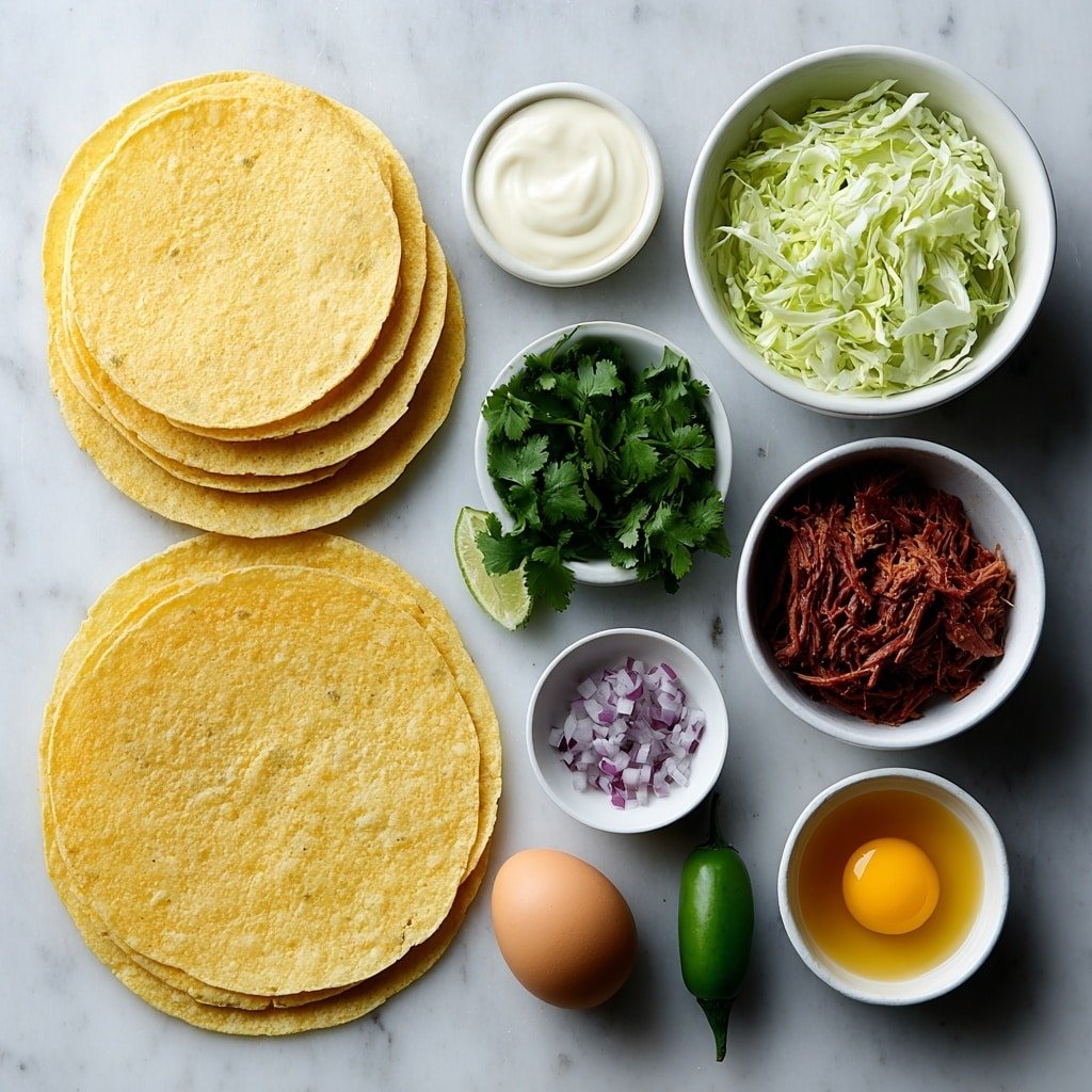 Flat lay of a small pile of shredded cooked corned beef, eight soft yellow corn tortillas stacked neatly, a simple white ceramic bowl with thinly sliced green cabbage, another small white bowl with thinly sliced red cabbage, a few fresh sprigs of bright green cilantro, a small heap of finely diced red onion, one whole green jalapeño pepper, a small white bowl containing creamy mayonnaise, a small white bowl with fresh lime juice, a small white bowl with honey, two whole brown eggs with clean shells, a small white bowl of golden olive oil, and a few fresh lime wedges arranged symmetrically, all placed on a clean white marble surface, soft natural light, photo taken with an iPhone, professional food photography style, fresh ingredients, white ceramic bowls, no bottles, no duplicates, no utensils, no packaging --ar 1:1 --v 7 --p m7354639359234015250 — Corned Beef Tacos with Cabbage Slaw, Corned Beef Tacos recipe, easy corned beef tacos, cabbage slaw tacos, quick taco recipes