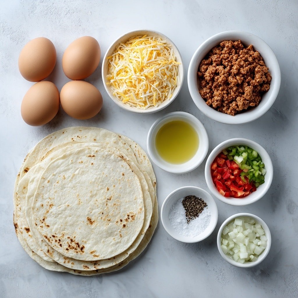Flat lay of six whole brown eggs with clean shells, a small white bowl of crumbled cooked breakfast sausage, a small white bowl filled with shredded cheddar cheese, a small white bowl containing diced red and green bell peppers, a small white bowl with diced onions, four large plain flour tortillas stacked neatly, a small white bowl holding golden olive oil, salt and black peppercorns arranged separately on the white surface, all arranged in perfect symmetry on a clean white marble surface, soft natural light, photo taken with an iPhone, professional food photography style, fresh ingredients, white ceramic bowls, no bottles, no duplicates, no utensils, no packaging --ar 1:1 --v 7 --p m7354639359234015250 — Freezer Breakfast Burritos, make-ahead breakfast ideas, easy breakfast recipes, quick breakfast meals, breakfast prep tips