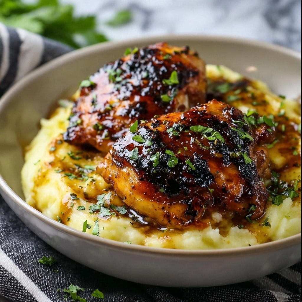 The image shows two pieces of grilled chicken thigh with a shiny, dark brown glaze, placed on top of a creamy, light yellow mashed potato layer. The chicken pieces have charred edges with a mix of black and orange hues, and they are sprinkled with small green herb leaves. The mashed potatoes underneath appear smooth and softly textured, also garnished with finely chopped green herbs. The dish is served in a deep white bowl set on a cloth with dark and white stripes, with a blurred white marbled surface in the background. Photo taken with an iphone --ar 1:1 --v 7 — Chipotle Honey Chicken Thighs, Smoked Gouda Chicken Recipe, Honey Chipotle Chicken, Smoky Chicken Thighs with Gouda, Easy Comfort Chicken Dinner