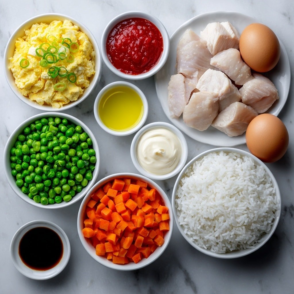 Flat lay of cold cooked jasmine rice in a simple white ceramic bowl, diced raw boneless skinless chicken breast arranged neatly on a white plate, two whole uncracked brown eggs placed side by side on the surface, a small white bowl of vibrant frozen peas and diced orange carrots, thinly sliced green onions scattered artfully on the surface, a small white bowl of creamy mayonnaise, a small white bowl of bright red Thai sweet chili sauce, a small white bowl of deep red sriracha, a small white bowl of dark soy sauce, and a small pool of golden vegetable oil in a white ceramic bowl, all ingredients fresh and natural, perfectly balanced and symmetric layout, placed on a clean white marble surface, soft natural light, photo taken with an iPhone, professional food photography style, fresh ingredients, white ceramic bowls, no bottles, no duplicates, no utensils, no packaging --ar 1:1 --v 7 --p m7354639359234015250 — Bang Bang Chicken Fried Rice, flavorful chicken fried rice recipe, quick Chinese fried rice, savory chicken and rice dish, easy weeknight fried rice