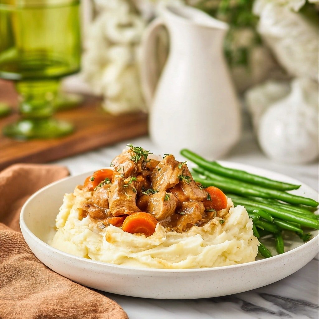 A white plate holds a creamy mashed potato base spread in a thick, smooth layer with soft peaks and swirls. On top, there is a chunky stew made of tender pieces of meat and sliced carrots in a light brown sauce, garnished with small green herb bits. To the side, bright green beans form a neat pile, adding fresh color. The scene is set against a white marbled surface with a blurred white pitcher and green glassware in the background, conveying a warm and homely setting. photo taken with an iphone --ar 1:1 --v 7 — Slow Cooker Chicken Pot Roast, easy chicken pot roast, comforting slow cooker recipes, hearty chicken stew, simple slow cooker meals