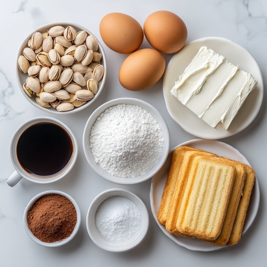 Flat lay of shelled pistachios in a simple white ceramic bowl, a small white bowl of heavy cream, a chunk of mascarpone cheese on a white ceramic plate, powdered sugar in a small white bowl, a vanilla bean pod beside a small white bowl of vanilla extract, two large whole uncracked brown eggs, a small white bowl of strong brewed coffee, a small white bowl of dark rum, a neat stack of ladyfinger biscuits on a white ceramic plate, a small white bowl filled with cocoa powder placed symmetrically, all ingredients fresh and natural, perfect balance and symmetry, professional flat lay with natural soft light taken with an iPhone placed on a clean white marble surface, soft natural light, photo taken with an iPhone, professional food photography style, fresh ingredients, white ceramic bowls, no bottles, no duplicates, no utensils, no packaging --ar 1:1 --v 7 --p m7354639359234015250 — Pistachio Tiramisu Dessert, classic tiramisu with pistachios, pistachio mascarpone dessert, easy pistachio tiramisu recipe, nutty coffee layered dessert