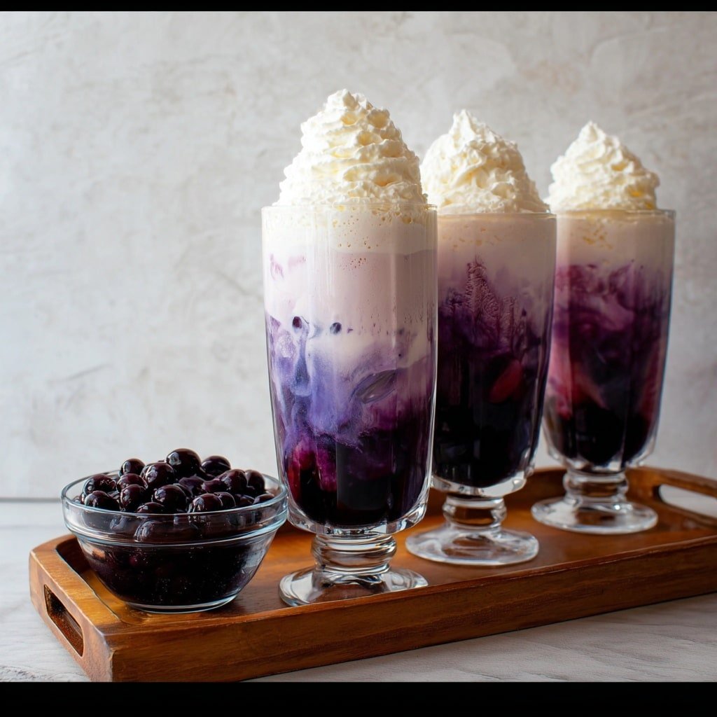 The image shows two tall clear glasses filled with a three-layer drink on a wooden tray. The bottom layer is dark purple, almost black, with a thick texture. The middle layer is a bright pink and purple mix with a swirled pattern where it meets the dark layer below. The top layer is a smooth, white cream, swirled to a peak. Next to the glasses is a small white bowl filled with frozen blueberries. The background is a white marbled surface. Photo taken with an iphone --ar 1:1 --v 7 — Sugar-Free Blueberry Cream Soda, blueberry soda without sugar, healthy blueberry soda, homemade blueberry syrup, low-sugar fruity drink
