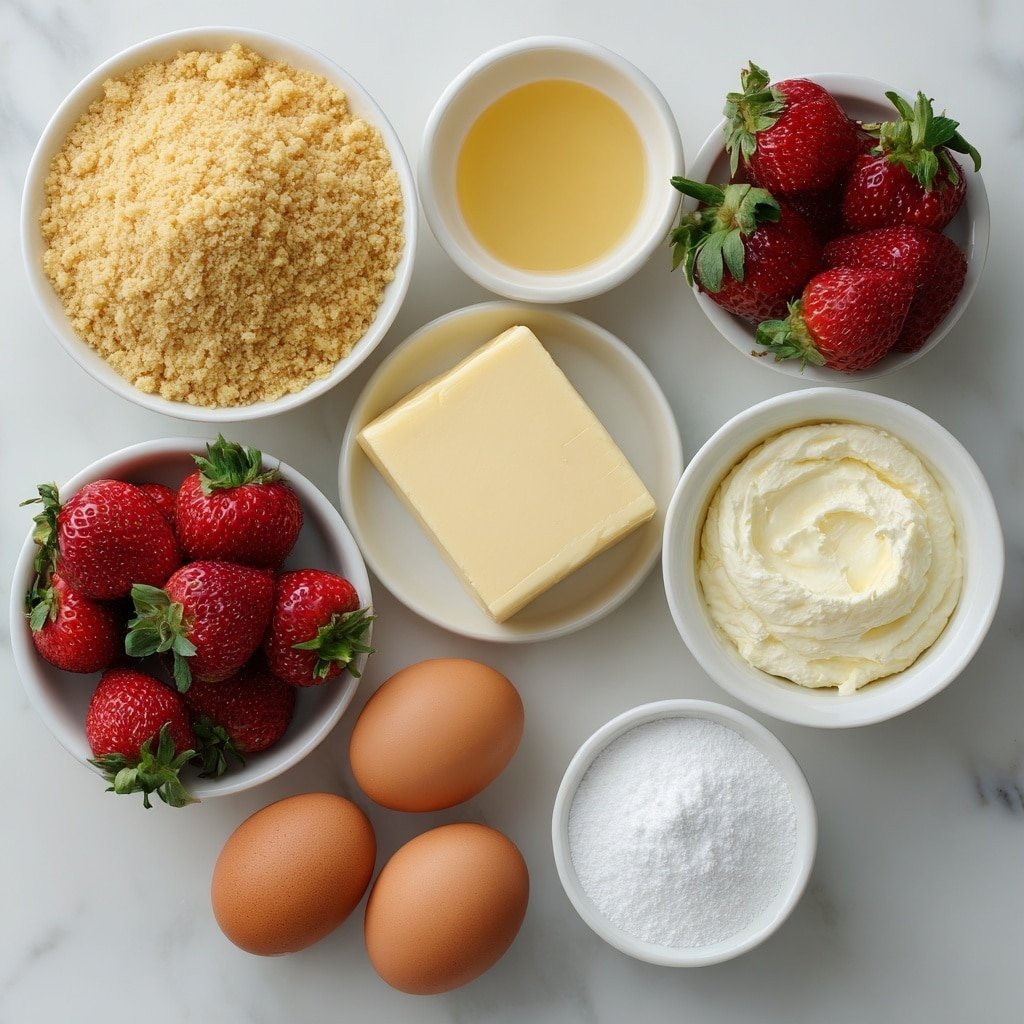 Flat lay of a simple white ceramic bowl of golden graham cracker crumbs, a small white ceramic bowl with melted unsalted butter, a pile of fresh whole strawberries with green leaves, a block of smooth cream cheese, a small white ceramic bowl of granulated sugar, a small white ceramic bowl of vanilla extract, three large whole uncracked brown eggs, a small white ceramic bowl filled with heavy cream, a small white ceramic bowl of powdered sugar all arranged symmetrically on a clean white marble surface, soft natural light, photo taken with an iPhone, professional food photography style, fresh ingredients, white ceramic bowls, no bottles, no duplicates, no utensils, no packaging --ar 1:1 --v 7 --p m7354639359234015250 — Strawberry Cheesecake Shortcake, strawberry shortcake dessert, cheesecake shortcake recipe, easy berry cheesecake, elegant summer desserts