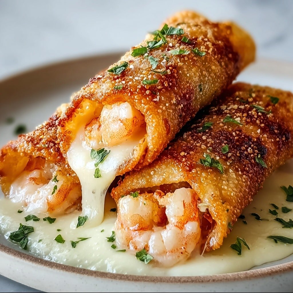 The image shows three golden brown fried rolls stacked on a round white plate with a white marbled background. Each roll has a crispy outer layer with small crunchy bubbles and is sprinkled with finely chopped green herbs on top. Inside, there is a creamy white melted cheese layer that oozes out from the ends and edges, revealing plump pieces of lightly pink shrimp. The warm cheese flows down onto the plate, creating a rich, smooth texture at the base of the rolls. The dish looks warm, crunchy, and creamy with a fresh herb garnish. photo taken with an iphone --ar 1:1 --v 7 — Crispy Shrimp Burrito Bites, shrimp appetizer recipes, crispy seafood snacks, cheesy shrimp bites, quick party appetizers