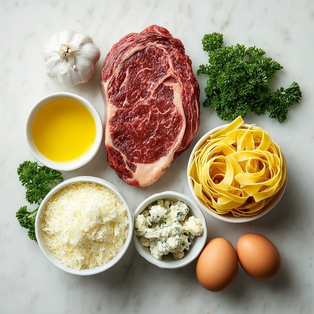 Flat lay of a fresh raw sirloin steak with marbling, two whole brown eggs with clean shells, a small white bowl of golden olive oil, a neat nest of uncooked fettuccine pasta, a small white bowl filled with thick heavy cream, a small white bowl piled with grated Parmesan cheese, a small white bowl of crumbly blue Gorgonzola cheese, two whole garlic cloves unpeeled, and a few sprigs of bright green fresh parsley placed symmetrically around simple white ceramic bowls, placed on a clean white marble surface, soft natural light, photo taken with an iPhone, professional food photography style, fresh ingredients, white ceramic bowls, no bottles, no duplicates, no utensils, no packaging --ar 1:1 --v 7 --p m7354639359234015250 — Steak Gorgonzola Alfredo Pasta, creamy steak pasta, blue cheese pasta, easy Alfredo pasta recipes, gourmet beef pasta