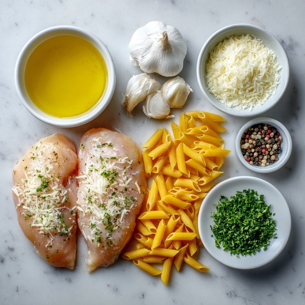 Flat lay of boneless, skinless chicken breasts, small white bowl of chicken broth, small white bowl of heavy cream, small white bowl of grated Parmesan cheese, four peeled garlic cloves, small white bowl of Italian seasoning, small white bowl of salt, small white bowl of black peppercorns, dry raw penne pasta scattered neatly, small white bowl of olive oil, small pile of fresh chopped parsley placed on a simple white ceramic plate, all arranged with perfect symmetry and fresh natural appearance, placed on a clean white marble surface, soft natural light, photo taken with an iPhone, professional food photography style, fresh ingredients, white ceramic bowls, no bottles, no duplicates, no utensils, no packaging --ar 1:1 --v 7 --p m7354639359234015250 — Garlic Parmesan Chicken Pasta, creamy chicken pasta recipe, easy slow cooker pasta, comforting chicken pasta dish, cheesy garlic pasta