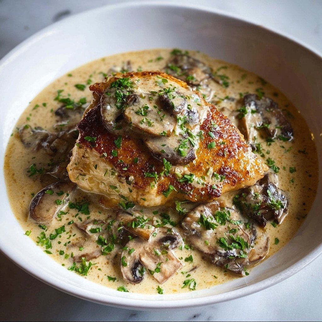 A single brown, cooked chicken piece sits in the center of a white bowl with a creamy beige mushroom sauce spread around and on top of it. The mushroom sauce has visible slices of light and dark brown mushrooms scattered throughout. Small green parsley pieces are sprinkled generously on top of the chicken and sauce. The background is a subtle white marbled texture. Photo taken with an iphone --ar 1:1 --v 7 — Creamy Chicken and Gravy, hearty chicken and gravy dish, easy creamy chicken recipe, comforting chicken dinner, homemade chicken gravy