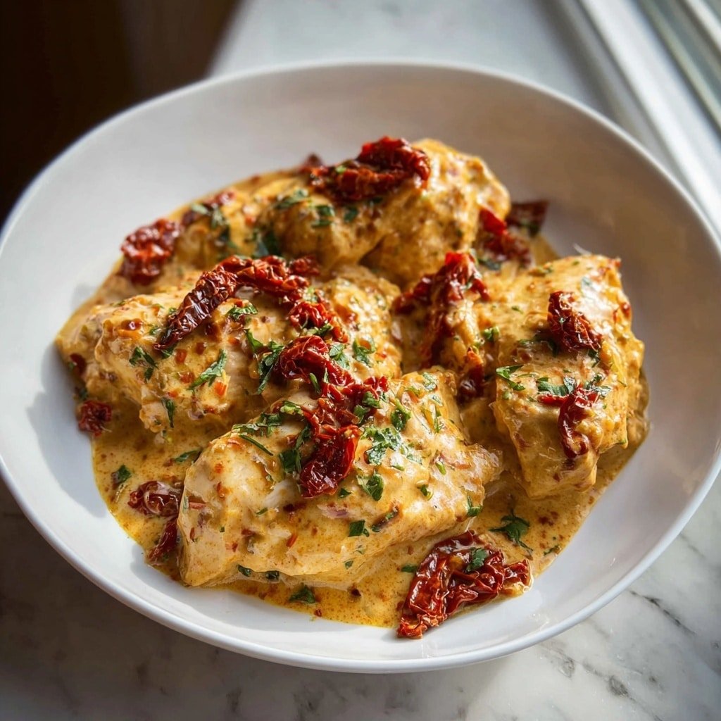 The dish shows a thick creamy mixture piled in a small mound on a white plate. The base layer has a pale orange sauce with visible specks of green herbs mixed throughout. Scattered deeply inside are chunks of bright red sun-dried tomatoes, adding color and texture contrast. The texture looks rich and smooth but with some fibrous pieces giving it a slightly chunky look. The plate sits on a white marbled surface with soft natural light highlighting the dish’s creamy shine. photo taken with an iphone --ar 1:1 --v 7 — Creamy Crockpot Marry Me Chicken, slow cooker chicken recipes, creamy chicken dinner, easy weeknight chicken, comforting chicken meals