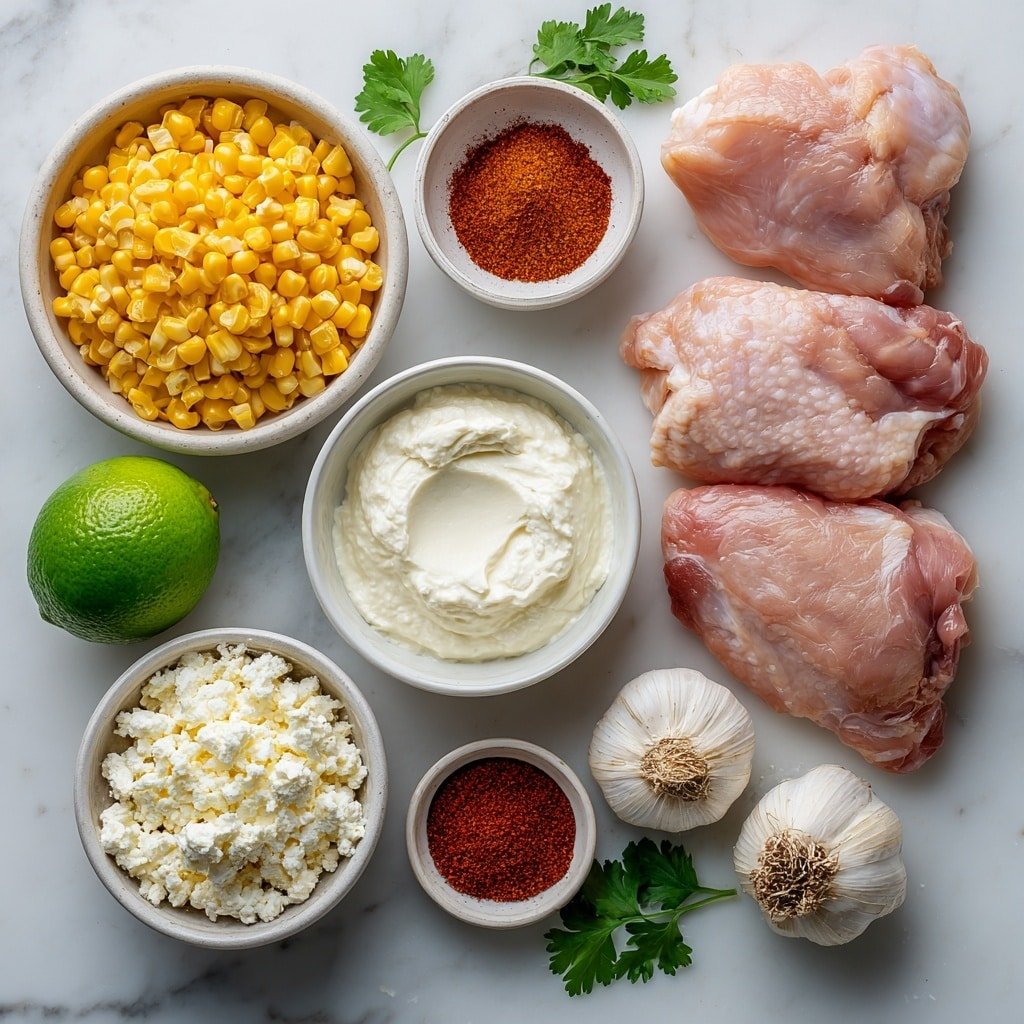 Flat lay of boneless raw chicken thighs, a small white bowl of fresh yellow corn kernels, a small white bowl of smooth cream cheese, a small white bowl of crumbled cotija cheese, a fresh whole lime, two whole uncracked garlic cloves, a small white bowl containing a red chili powder blend, a small white bowl with smoked paprika powder, a small white bowl with onion powder, a few fresh sprigs of cilantro, all arranged symmetrically on a clean white marble surface, soft natural light, photo taken with an iPhone, professional food photography style, fresh ingredients, white ceramic bowls, no bottles, no duplicates, no utensils, no packaging --ar 1:1 --v 7 --p m7354639359234015250 — Street Corn Chicken Skillet, Mexican Street Corn Chicken, Easy Skillet Chicken Recipes, Creamy Corn Chicken, Quick Dinner Ideas