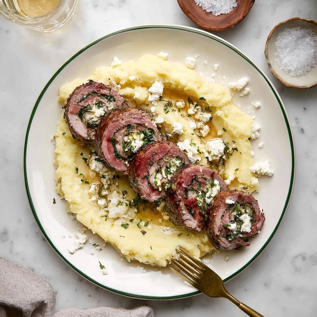 The image shows a single slice of a rolled beef dish centered on a white plate with mashed potatoes beside it. This slice has three visible layers: the outer layer is dark brown cooked beef, the middle layer is pink and tender, and the inner layer features green leafy herbs mixed with small bits of creamy white cheese and tiny brown pieces. A few grains of coarse salt crystals are scattered on top of the beef roll. The mashed potatoes are pale yellow with a soft, creamy texture and sit under and around the beef slice. A gold fork rests on the right side of the plate on a white marbled surface in the background. Photo taken with an iphone --ar 1:1 --v 7 — Stuffed Flank Steak with Mushrooms and Spinach, stuffed flank steak recipe, beef stuffed with mushrooms and spinach, easy stuffed flank steak, savory stuffed steak