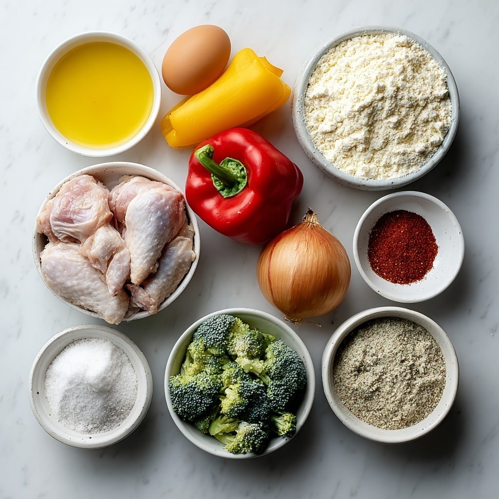 Flat lay of fresh whole uncracked brown eggs, a small white ceramic bowl of olive oil, a vibrant yellow bell pepper, a bright red bell pepper, a whole red onion, a small white ceramic bowl of sliced fresh mushrooms, a small white ceramic bowl of chopped broccoli florets, raw skin-on chicken thighs arranged neatly, a small white ceramic bowl of blanched almond flour, a small white ceramic bowl of arrowroot flour, a small white ceramic bowl of coarse kosher salt, a small white ceramic bowl of freshly ground black pepper, a small white ceramic bowl of smoked paprika, a small white ceramic bowl of onion powder, a small white ceramic bowl of garlic powder, all placed with perfect symmetry on simple white ceramic dishes and bowls placed on a clean white marble surface, soft natural light, photo taken with an iPhone, professional food photography style, fresh ingredients, white ceramic bowls, no bottles, no duplicates, no utensils, no packaging --ar 1:1 --v 7 --p m7354639359234015250 — Keto Baked Chicken Thighs with Roasted Veggies, keto chicken thigh recipe, low carb roasted chicken and vegetables, healthy keto chicken dinner, easy keto chicken and veggies