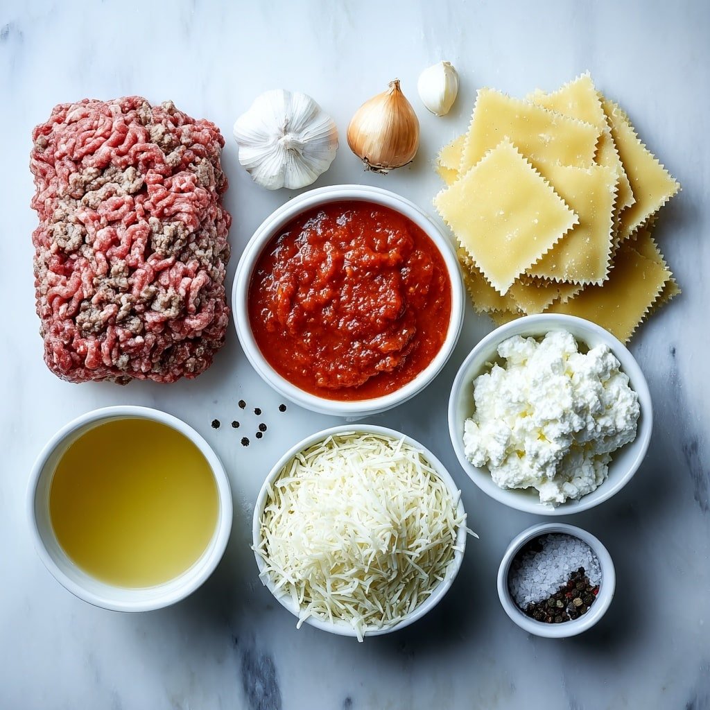Flat lay of a mound of fresh ground beef, a small whole yellow onion with dry papery skin, five plump garlic cloves with smooth white skins, a small white ceramic bowl filled with golden chicken broth, a small white ceramic bowl with vibrant red marinara sauce, a small white ceramic bowl overflowing with bright red diced tomatoes, several broken sheets of pale yellow lasagna pasta, a small white ceramic bowl heaped with shredded white mozzarella cheese, a small white ceramic bowl holding creamy white ricotta cheese, and scattered coarse salt and black peppercorns arranged symmetrically, all placed on a clean white marble surface, soft natural light, photo taken with an iPhone, professional food photography style, fresh ingredients, white ceramic bowls, no bottles, no duplicates, no utensils, no packaging --ar 1:1 --v 7 --p m7354639359234015250 — Hearty Lasagna Soup, cheesy Italian soup, comforting soup recipes, easy lasagna-inspired soup, cozy Italian dinner