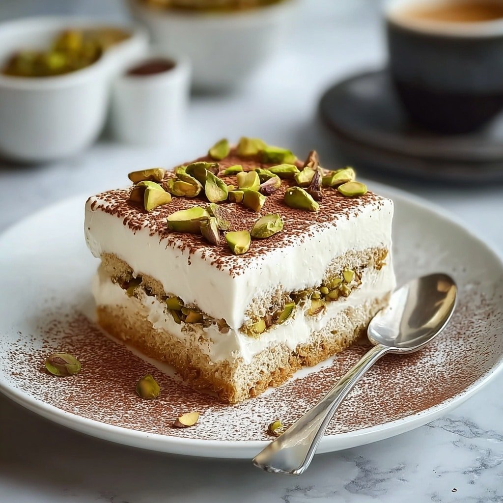 A square dessert is on a white plate with a silver spoon beside it. The dessert has three clear layers: the bottom layer is a golden brown base with green pistachio pieces visible throughout, the middle layer is thick and creamy white, and the top layer is also creamy white lightly dusted with brown cocoa powder. More green pistachios are scattered on top. Some cocoa powder is sprinkled around the plate. The background is a white marbled surface with blurred white bowls and dark cups. Photo taken with an iphone --ar 1:1 --v 7 — Pistachio Tiramisu Dessert, classic tiramisu with pistachios, pistachio mascarpone dessert, easy pistachio tiramisu recipe, nutty coffee layered dessert