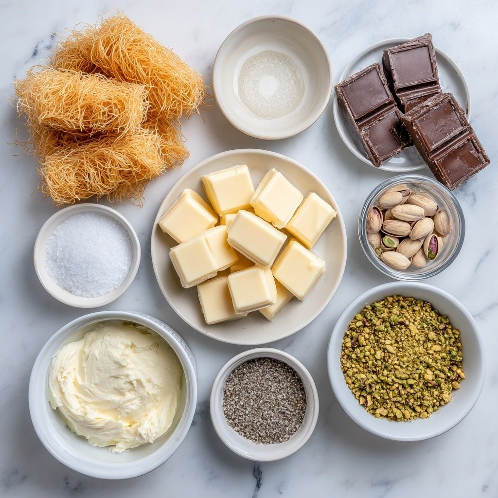Flat lay of a small nest of golden kataifi pastry strands, a few cubes of pale yellow unsalted butter on a white ceramic plate, a small white bowl filled with creamy white chocolate chunks, a small white bowl of smooth natural pistachio butter with a slightly oily sheen, a tiny white bowl holding coarse sea salt crystals, a small white bowl with clear neutral vegetable oil, a white ceramic plate with glossy dark chocolate squares (55-65% cocoa), and a small white bowl of finely chopped toasted pistachios—all arranged symmetrically and balanced, placed on a clean white marble surface, soft natural light, photo taken with an iPhone, professional food photography style, fresh ingredients, white ceramic bowls, no bottles, no duplicates, no utensils, no packaging --ar 1:1 --v 7 --p m7354639359234015250 — Dubai Chocolate Pistachio Balls, Dubai dessert recipes, pistachio chocolate treats, Middle Eastern sweet snacks, homemade chocolate pistachio bites