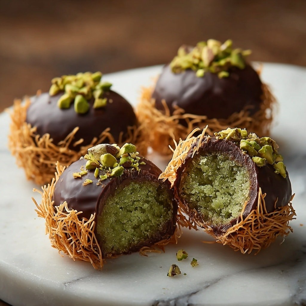 The image shows four round chocolate-covered sweets placed on a white marbled surface. Each sweet has a center layer of green, crumbly texture, surrounded by a smooth, dark chocolate layer. Around the chocolate shell, there is a nest-like golden-brown crispy layer that looks thin and stringy. On top of each sweet, small pieces of green nuts are sprinkled. One sweet is bitten, showing the green inner layer clearly. Photo taken with an iphone --ar 1:1 --v 7 — Dubai Chocolate Pistachio Balls, Dubai dessert recipes, pistachio chocolate treats, Middle Eastern sweet snacks, homemade chocolate pistachio bites