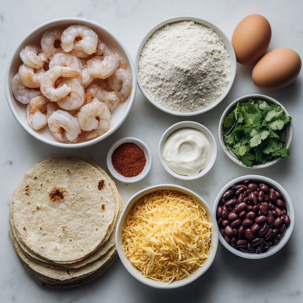 Flat lay of peeled and deveined raw shrimp, a small white bowl of all-purpose flour, a small white bowl of golden breadcrumbs, two whole uncracked large brown eggs, a small white bowl of bright red paprika powder, a small white bowl of pale garlic powder, a small white bowl of coarse salt, a small white bowl of black peppercorns, a small white bowl of shredded sharp cheddar cheese, a small white bowl of rinsed black beans, a small white bowl of fresh yellow corn kernels, four large flour tortillas laid flat, a small white bowl of smooth sour cream, and a small bunch of bright green fresh cilantro sprigs placed on a clean white marble surface, soft natural light, photo taken with an iPhone, professional food photography style, fresh ingredients, white ceramic bowls, no bottles, no duplicates, no utensils, no packaging --ar 1:1 --v 7 --p m7354639359234015250 — Crispy Shrimp Burrito Bites, shrimp appetizer recipes, crispy seafood snacks, cheesy shrimp bites, quick party appetizers