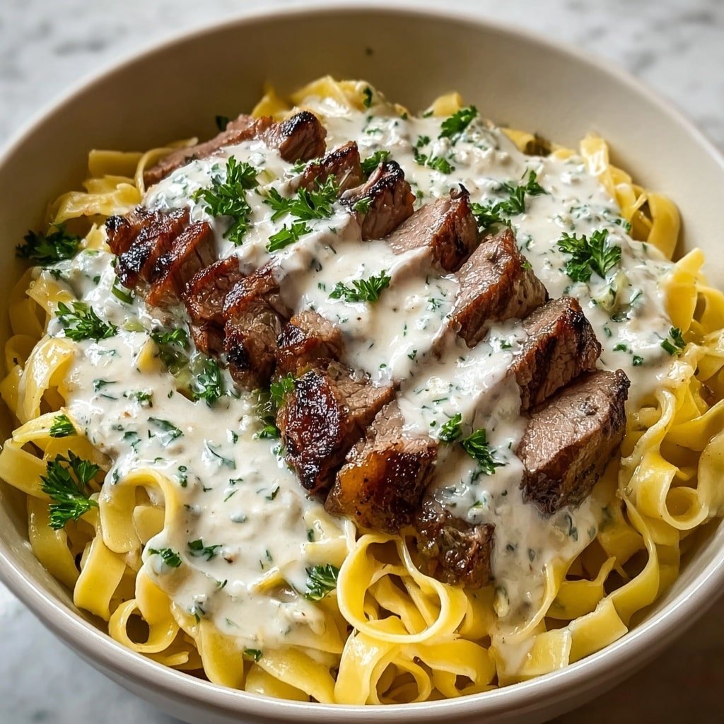 A white plate holds a base layer of cooked yellow fettuccine pasta with a smooth texture, topped with evenly spaced slices of seared brown and juicy steak arranged in a circle. Over the steak and pasta is a thick layer of creamy white sauce flecked with chopped green herbs, and the dish is finished with a small bunch of fresh green parsley at the center. The plate is on a white marbled surface. photo taken with an iphone --ar 1:1 --v 7 — Steak Gorgonzola Alfredo Pasta, creamy steak pasta, blue cheese pasta, easy Alfredo pasta recipes, gourmet beef pasta