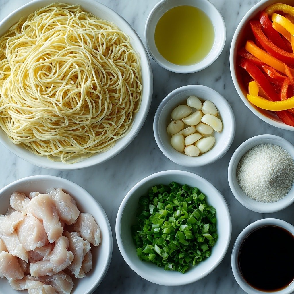 Flat lay of thin, pale yellow lo mein noodles arranged in a neat bundle, a small white bowl of clear vegetable oil, a white ceramic plate with thinly sliced raw chicken breast, four peeled garlic cloves finely minced displayed beside them, a white bowl filled with vibrant red and yellow bell pepper slices, a small white bowl of bright green snap peas, a white ceramic plate of fresh julienned orange carrots, a few chopped green onions scattered neatly, a tiny white bowl of dark soy sauce, another small white bowl holding glossy oyster sauce, a separate small white bowl with amber sesame oil, and a white ceramic dish with pale cornstarch powder next to a small bowl of clear water, all placed on a clean white marble surface, soft natural light, photo taken with an iPhone, professional food photography style, fresh ingredients, white ceramic bowls, no bottles, no duplicates, no utensils, no packaging --ar 1:1 --v 7 --p m7354639359234015250 — Garlic Chicken Lo Mein, garlic chicken lo mein recipe, easy Asian chicken noodle dish, homemade lo mein with garlic, quick Chinese chicken stir-fry