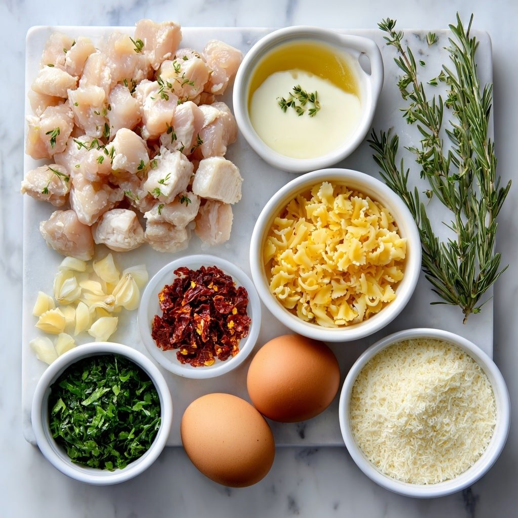 Flat lay of boneless skinless chicken breasts cut into small cubes, a few sprigs of fresh Italian seasoning herbs, a small pile of red pepper flakes, two whole uncracked brown eggs with clean shells, minced garlic cloves, a small diced yellow onion, chopped sun-dried tomatoes (not in oil), a small white ceramic bowl filled with chicken broth, a small white ceramic bowl filled with heavy cream, a small white ceramic bowl with fresh roughly chopped spinach, a small white ceramic bowl holding uncooked orzo pasta, a small white ceramic bowl with finely grated Parmesan cheese, all arranged in perfect symmetry and balanced proportions, placed on a clean white marble surface, soft natural light, photo taken with an iPhone, professional food photography style, fresh ingredients, white ceramic bowls, no bottles, no duplicates, no utensils, no packaging --ar 1:1 --v 7 --p m7354639359234015250 — Creamy Tuscan Chicken Orzo, Tuscan chicken pasta, creamy chicken dinner, Italian-inspired chicken recipe, easy comfort food recipes