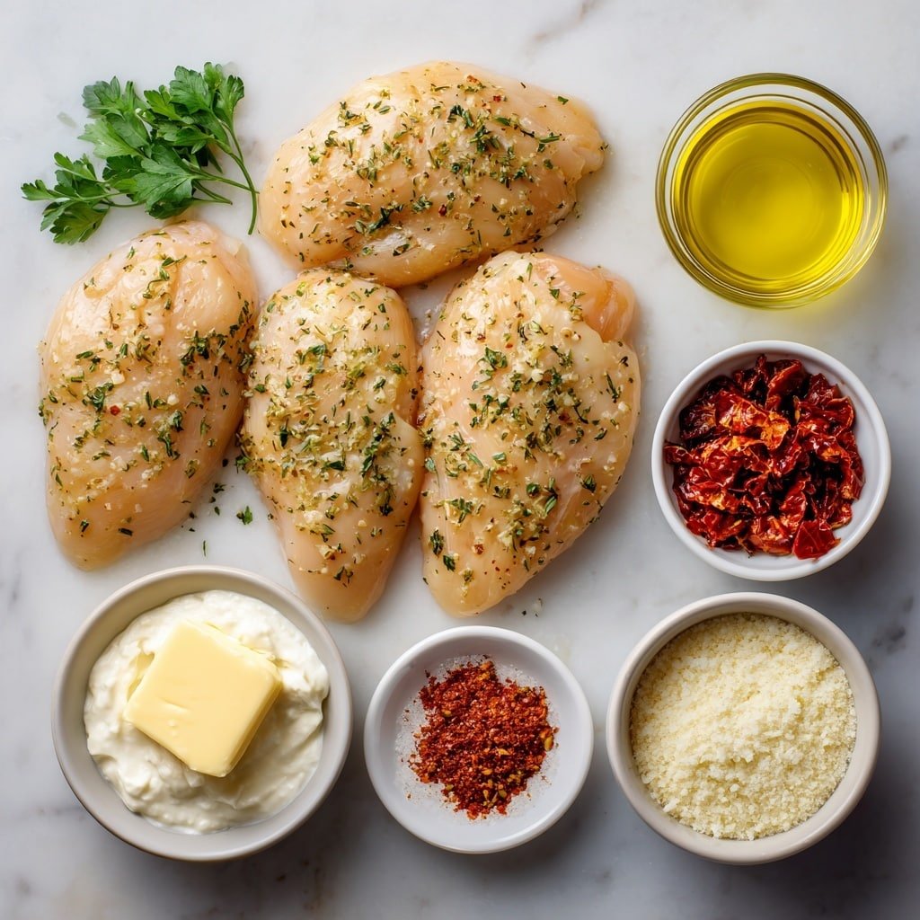 Flat lay of four raw chicken breasts seasoned with Italian herbs and cracked black pepper, a small pat of unsalted butter, a small white bowl of olive oil, a small white bowl containing white wine and water, a small mound of diced sun-dried tomatoes, a small pile of sweet paprika powder, a small heap of garlic granules, a small white bowl of chicken broth, a small white bowl with cornstarch slurry (cornstarch mixed with water), a small white bowl filled with creamy sour cream, a small pile of grated Parmesan cheese, and a few fresh flat leaf parsley sprigs, all arranged symmetrically on simple white ceramic dishes and bowls, placed on a clean white marble surface, soft natural light, photo taken with an iPhone, professional food photography style, fresh ingredients, white ceramic bowls, no bottles, no duplicates, no utensils, no packaging --ar 1:1 --v 7 --p m7354639359234015250 — Marry Me Chicken in Creamy Sun-Dried Tomato Sauce, creamy Sun-Dried Tomato Chicken, easy comforting chicken dinner, flavorful chicken with sun-dried tomatoes, quick weeknight chicken recipe