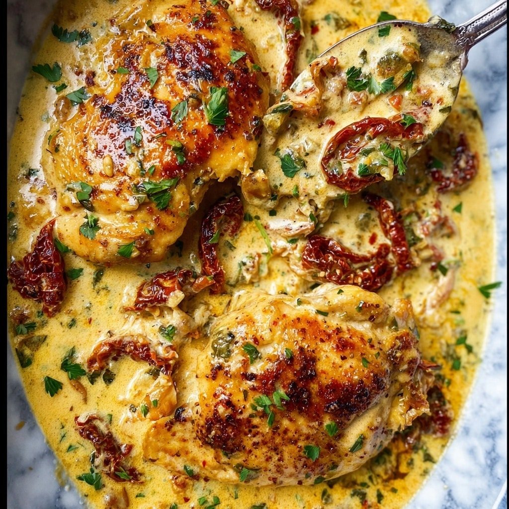 A white oval plate with blue floral patterns holds four browned chicken pieces covered in a creamy sauce with visible chunks of sautéed mushrooms and small bits of herbs sprinkled on top. The sauce pools around the chicken, showing a smooth texture with a yellowish tint and orange mushroom pieces. A silver spoon rests on the right side of the plate, partially submerged in the sauce, with the edge of a beige woven cloth napkin nearby. The background has a white marbled texture. photo taken with an iphone --ar 1:1 --v 7 — Marry Me Chicken in Creamy Sun-Dried Tomato Sauce, creamy Sun-Dried Tomato Chicken, easy comforting chicken dinner, flavorful chicken with sun-dried tomatoes, quick weeknight chicken recipe
