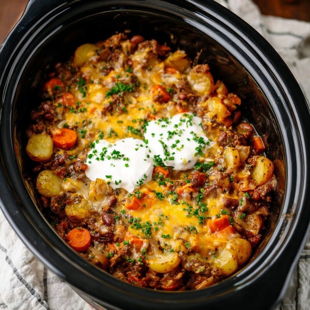 The image shows a dish in a black slow cooker filled with a layered baked mixture. The bottom layer has small round golden potato slices mixed with ground meat and cooked beans. On top, there is melted yellow cheese spread unevenly, giving a bubbly and slightly browned texture. Bright orange carrot slices are mixed throughout the dish. Two dollops of white sour cream sit on the surface, each sprinkled with finely chopped green chives. The slow cooker is placed on a white marbled surface with a cloth nearby. photo taken with an iphone --ar 1:1 --v 7 — Hearty Cowboy Casserole with Ground Beef, easy ground beef casserole, comforting beef casserole recipe, hearty one-pot dinner, simple family casserole