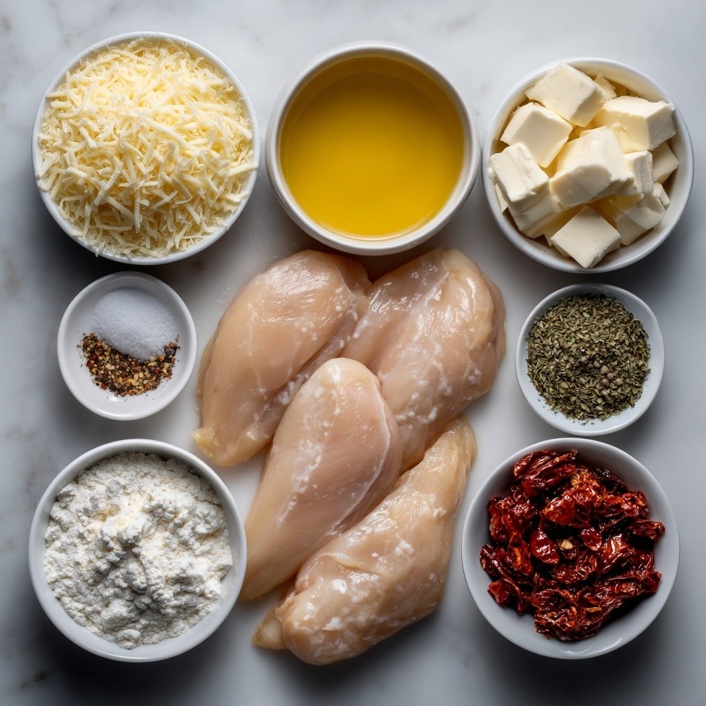Flat lay of boneless, skinless chicken breasts arranged neatly, a small white bowl of golden chicken broth, cream cheese cut into soft white cubes in a simple white bowl, a small white bowl of thick heavy cream, finely grated pale yellow Parmesan cheese in a white bowl, a small white bowl with vibrant chopped sun-dried tomatoes, minced fresh garlic cloves scattered beside a tiny white bowl of Italian seasoning mix with dried herbs, a small white dish of fine white salt, a small white bowl containing freshly ground black peppercorns, and a small white bowl of white cornstarch powder accompanied by a separate small white bowl of clear cold water, all placed symmetrically on a clean white marble surface, soft natural light, photo taken with an iPhone, professional food photography style, fresh ingredients, white ceramic bowls, no bottles, no duplicates, no utensils, no packaging --ar 1:1 --v 7 --p m7354639359234015250 — Creamy Crockpot Marry Me Chicken, slow cooker chicken recipes, creamy chicken dinner, easy weeknight chicken, comforting chicken meals