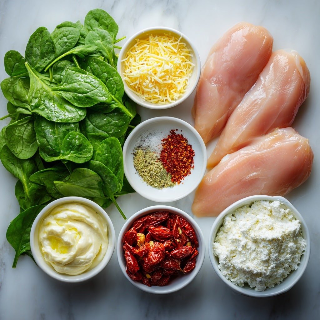 Flat lay of boneless skinless chicken breasts, small white bowls with salt, paprika, black pepper, and Italian seasoning powders, a small white bowl with minced garlic cloves, a small white bowl of heavy whipping cream, a small white bowl of grated Parmesan cheese, a small white bowl of oil-packed sun-dried tomatoes, fresh spinach leaves arranged loosely, and a small white bowl with cornstarch, all placed with perfect symmetry on a clean white marble surface, soft natural light, photo taken with an iPhone, professional food photography style, fresh ingredients, white ceramic bowls, no bottles, no duplicates, no utensils, no packaging --ar 1:1 --v 7 --p m7354639359234015250 — Creamy Tuscan Chicken in Slow Cooker, slow cooker Tuscan chicken recipe, easy creamy chicken dinner, hearty slow cooker chicken dish, flavorful Tuscan chicken