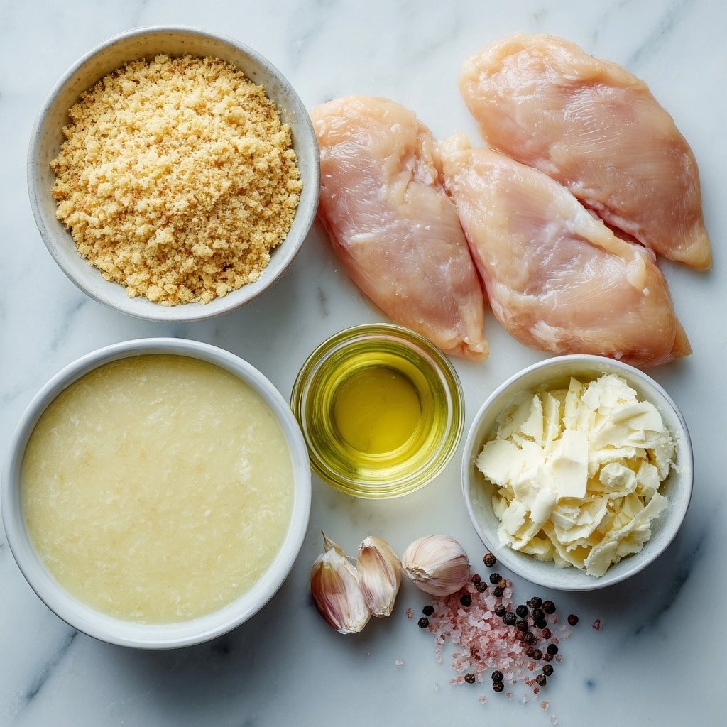 Flat lay of four raw boneless skinless chicken breasts arranged neatly, a small white bowl filled with dry golden-brown breadcrumb stuffing mix, a small white bowl holding creamy off-white chicken cream soup, a small white bowl of thick pale sour cream, a small white bowl containing clear light brown chicken broth, a few scattered garlic cloves, pink Himalayan salt crystals and whole black peppercorns symmetrically placed around, all placed on a clean white marble surface, soft natural light, photo taken with an iPhone, professional food photography style, fresh ingredients, white ceramic bowls, no bottles, no duplicates, no utensils, no packaging --ar 1:1 --v 7 --p m7354639359234015250 — Creamy Chicken and Stuffing Casserole, hearty chicken casserole recipes, easy comfort food casseroles, baked chicken stuffing dish, family dinner casserole recipes