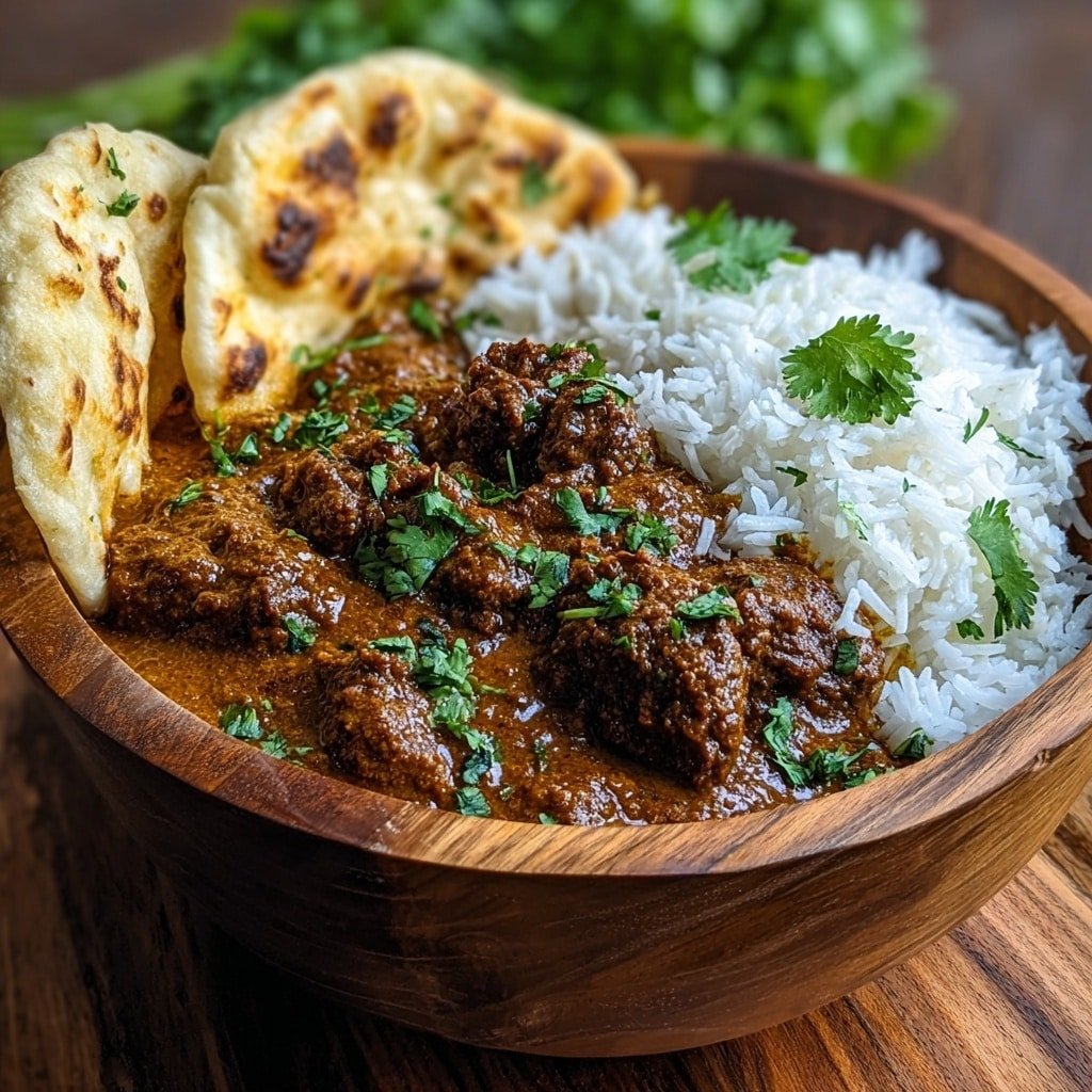 In a round wooden bowl, there is a rich, thick brown curry with several chunks of meat covered in the sauce, topped with fresh green cilantro leaves. Behind the curry, there is a small portion of white fluffy rice, and around the edge, three pieces of soft, lightly browned flatbread stand upright. The bowl sits on a white marbled texture surface. photo taken with an iphone --ar 1:1 --v 7 — Indian Beef Curry, Indian Beef Curry Recipe, how to make Indian Beef Curry, easy Indian Beef Curry, flavorful beef curry dishes